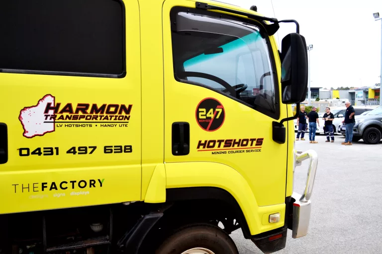 bright yellow truck signage installed in Perth, Vehicle Graphics, Vehicle Signs, Car Wraps, Fleet Signage, Mining Signage, Mining Cars Signs, Car Signs, Business Car Signage, Fleet Vehicles, Safety Signage