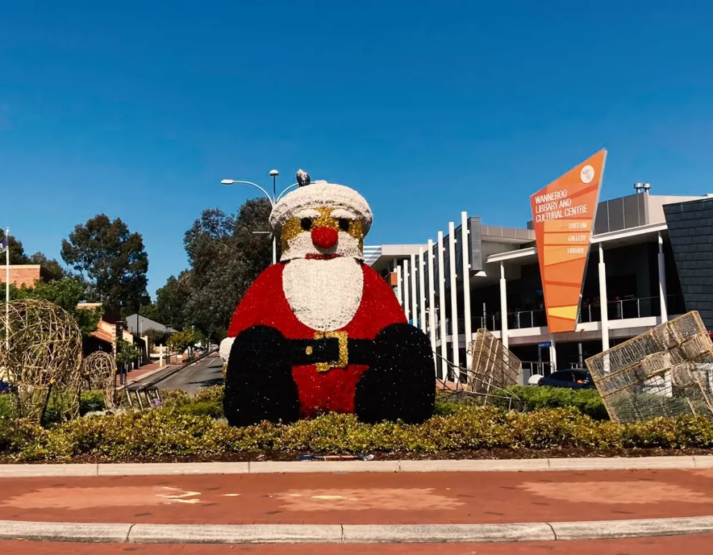 Commercial Christmas Decorations featuring a large illuminated santa and presents in city of wanneroo, Christmas Activations, Commercial Christmas Decorations