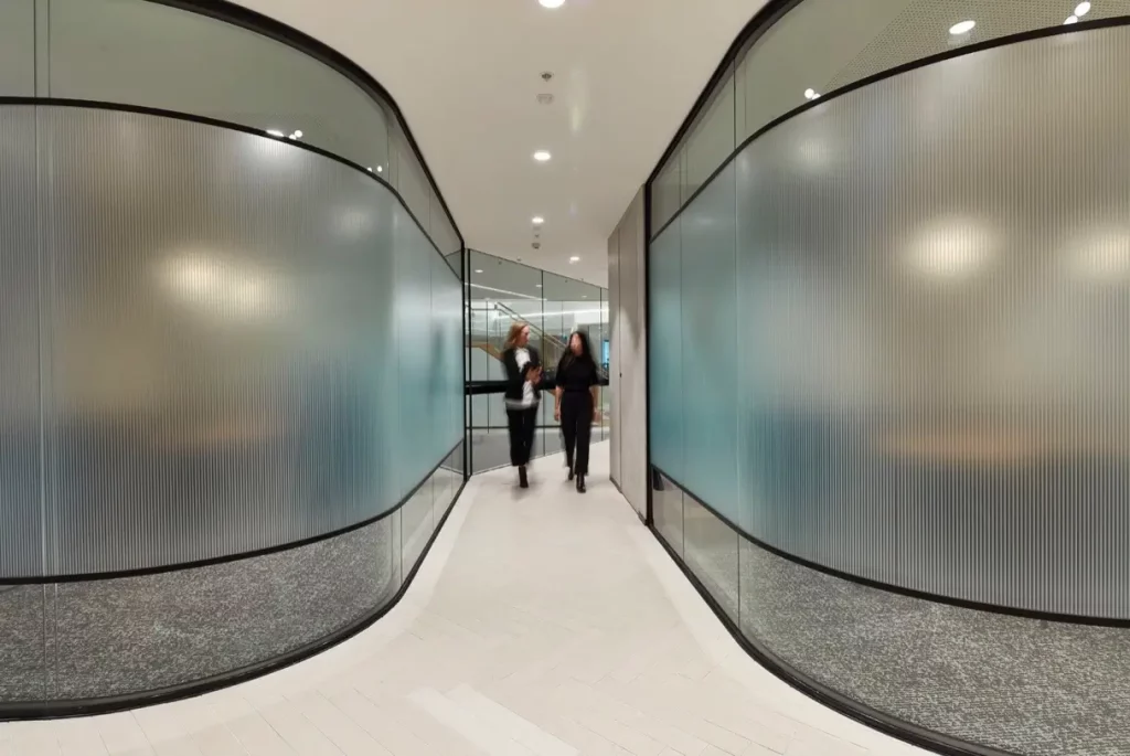 Glazing films, signage company, custom glazing films, fluted window signage, window signage, room privacy films, office design